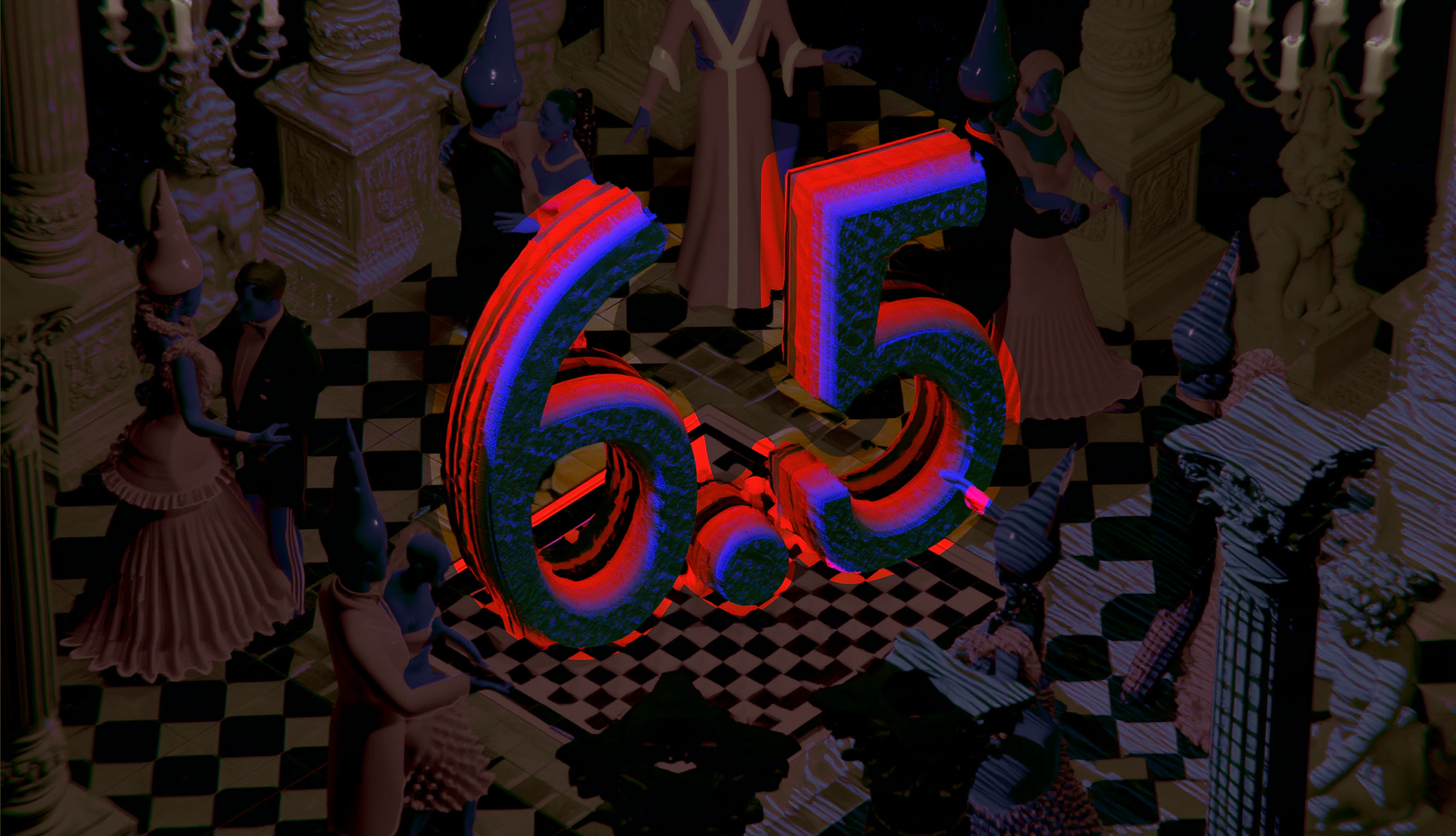 GrainQL 6.5 cover art. A large sculpted 6.5 standing in a ballroom with a checkered floor.